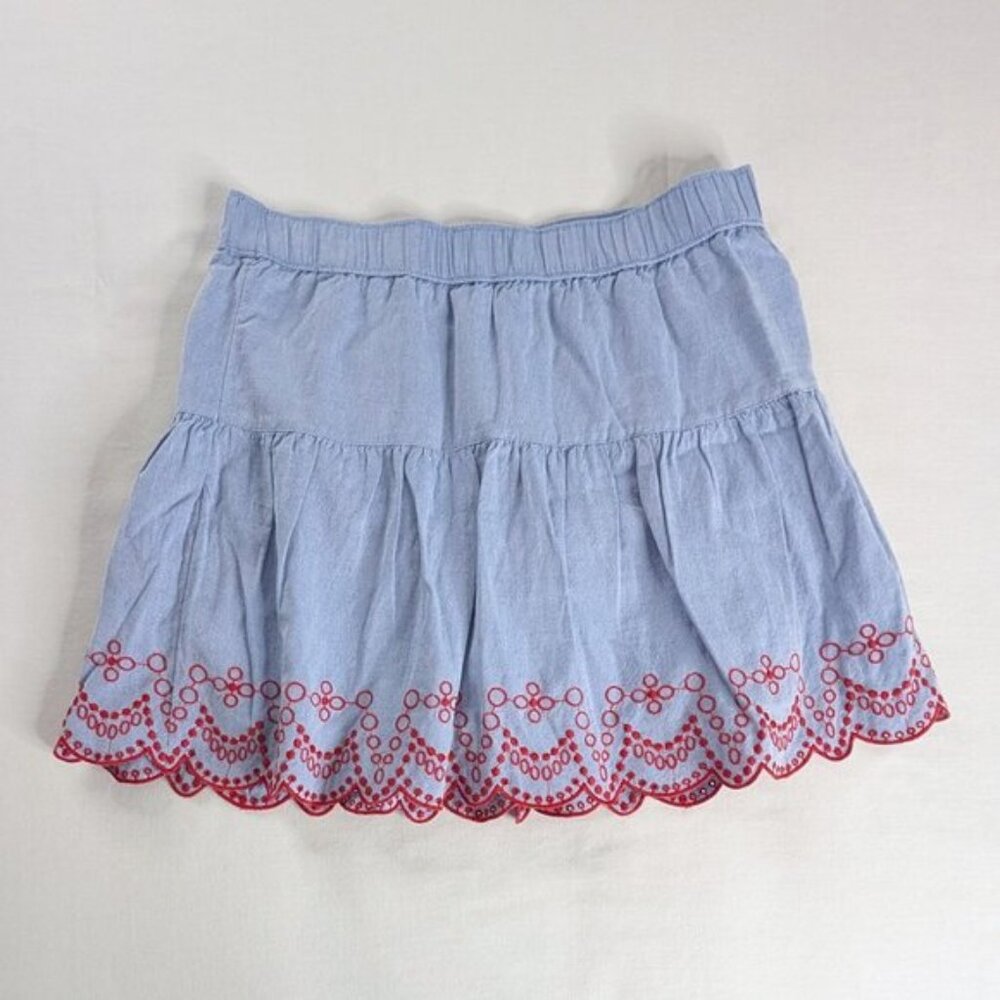 Vineyard Vines Blue Chambray Red Scalloped Eyelet Embroidered Tiered Mini Skirt
